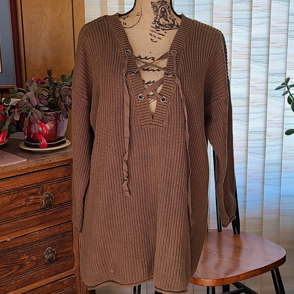 OLIVE drab v-neck front tie sweater